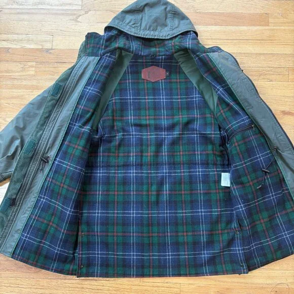 Vintage Woolrich Waxed Cotton Raincoat Jacket Women's M Olive Green Wool Tartan - Picture 5 of 10